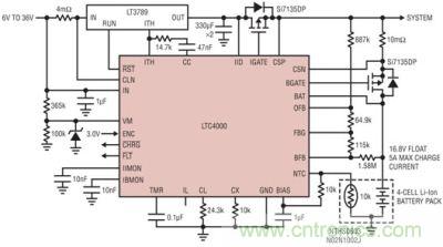 LTC4000 和 LTC3789：6V 至 36VIN、4 節(jié) 5A 鋰離子電池充電器