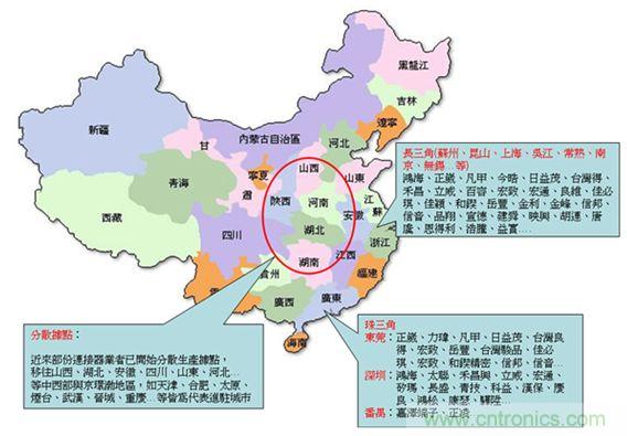 圖2：臺灣連接器廠商大陸設廠分布圖