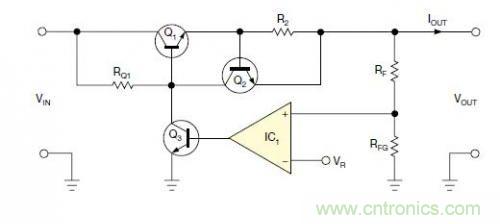 圖1：一個標準的線性穩(wěn)壓器直接將反饋連接到串聯(lián)導通晶體管上。