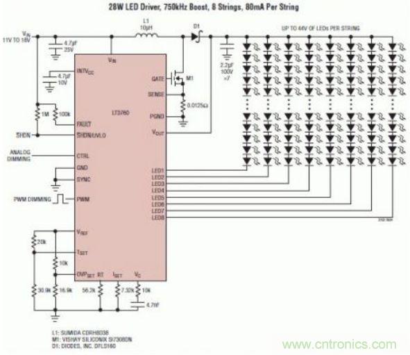 采用 LT3760、效率為 90% 的 28W LED 背光照明電路