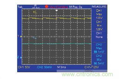 圖4：黃線和藍線分別代表VRMS為220V時（50Hz ac）C 1和R5上的電壓