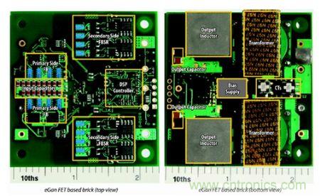 圖6：采用eGaN FET設(shè)計(jì)的48V至53V半磚PSE轉(zhuǎn)換器的頂視圖和底視圖(單位為英寸)。