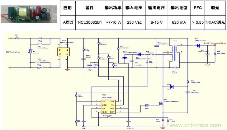 基于NCL30082B1的初級端反饋、高功率因數(shù)、TRIAC可調光A型燈LED驅動器設計