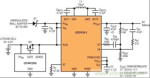 圖7：LTC3115-1與LTC4412HV相結(jié)合，以獲得由單節(jié)鋰離子電池和未穩(wěn)壓交流適配器提供的雙輸入5V電源