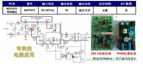 基于NCP1075開關(guān)穩(wěn)壓器和200 V預(yù)穩(wěn)壓器的極寬電壓范圍15 W參考設(shè)計(jì)。