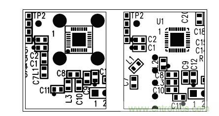  圖中所示為兩種不同的PCB布局，其中一種布局的元件排列方向不合理（L1和L3），另一種的方向排列則更為合適。