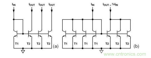 （a） 多級電流鏡 （b） 非整數(shù)比例電流鏡可將3個T2集電極結(jié)合起來，得到3IIN