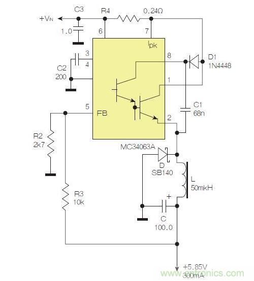 采用降壓配置中廣為使用的MC33063/MC34063的一個(gè)示例。