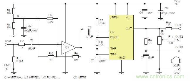 含運算放大器和NE555定時器的耳機和音頻線路驅(qū)動器。也可以使用CMOS版本(如LMC555)，但輸出電流較低。其優(yōu)點為工作頻率較高。