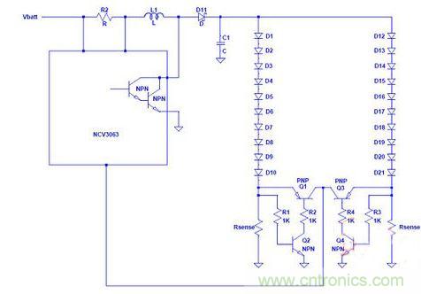 基于NCP3063單個(gè)電流環(huán)路驅(qū)動(dòng)多串LED