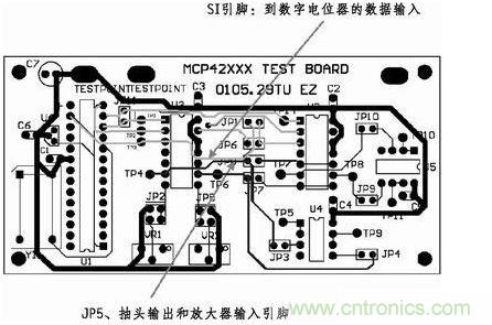 這是對(duì)圖2所示電路的第一次布線嘗試。此配置在模擬線路上產(chǎn)生不規(guī)律的噪聲，這是因?yàn)樵谔囟〝?shù)字走線上的數(shù)據(jù)輸入碼隨著數(shù)字電位器的編程需求而改變。