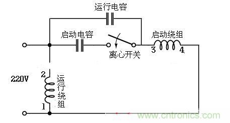  電容啟動運(yùn)轉(zhuǎn)型接線電路（雙值電容器）