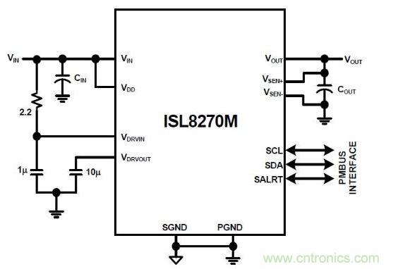 ISL8270M是完整的數(shù)字開關模式電源。通過添加輸入/輸出電容器來完成設計