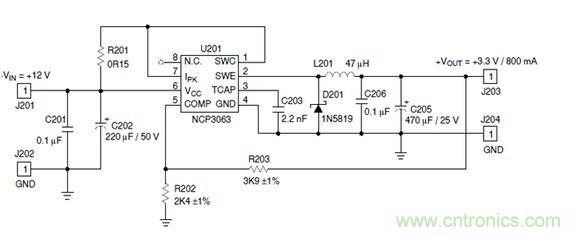 Buck電路應(yīng)用實(shí)例-輸入9～12V，輸出3.3V 800mA電路