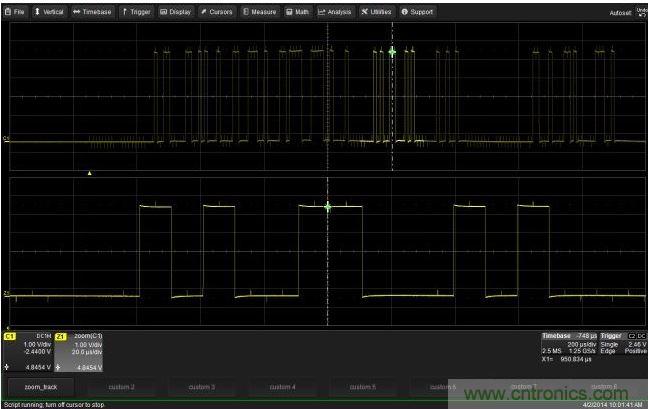 使用CustomDSO運(yùn)行VB腳本“zoom_Track.lss”。當(dāng)腳本運(yùn)行時，縮放波形的中心將跟蹤水平的光標(biāo)絕對位置。從圖中可以看出，光標(biāo)將永遠(yuǎn)位于縮放波形Z1的中心