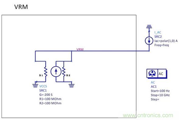 圖1:70A/V的跨導(dǎo)源與負反饋連接在一起(注意SRC1中的負號)。SRC2是一種交流信號，用于監(jiān)視與頻率有關(guān)的輸出阻抗。