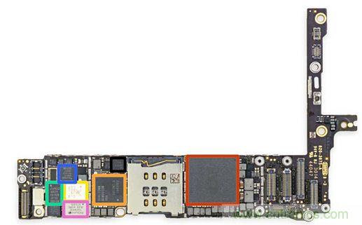 iPhone 6 Plus主板采用1GB RAM的蘋果A8 SoC作為核心部件。（來(lái)源：iFixit）