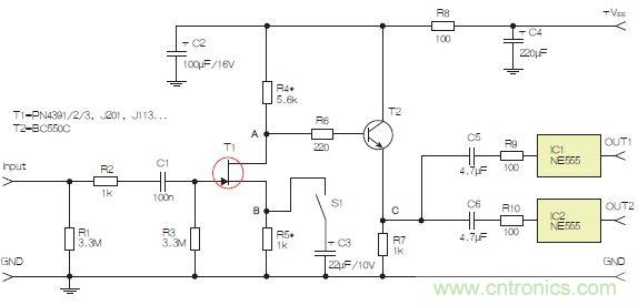 圖3：采用兩個(gè)工作在不同頻率下的555定時(shí)器電路，以獲取不同的音效。