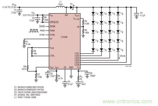 汽車電池供電的驅(qū)動器用于20個 LED