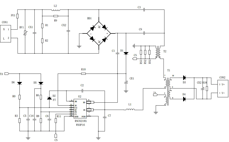 一、LED驅(qū)動模塊RSC6218A REASUNOS(瑞森半導(dǎo)體)通過持續(xù)投入研發(fā)，提升LLC應(yīng)用技術(shù)，集成控制芯片與功率轉(zhuǎn)換，成功推出新一代產(chǎn)品RSC6218A WSOP-16，延續(xù)瑞森LLC拓?fù)浞桨?，時機(jī)趨勢完全迎合我國雙碳政策，電氣特性契合新版國標(biāo)GB/T 17625.1-2022和歐盟新版ERP認(rèn)證EU2019/2020雙重法規(guī)，專為中小功率的產(chǎn)品提供優(yōu)秀的方案；接下來會分幾個篇章持續(xù)介紹新方案產(chǎn)品的應(yīng)用資料和設(shè)計實(shí)例分享：  RSC6218A功率模塊內(nèi)部集成CS-CP-LLC電源半橋模塊和功率轉(zhuǎn)換模塊，延續(xù)瑞森主題設(shè)計方向單級實(shí)現(xiàn)高PF無頻閃技術(shù)和LLC諧振軟開關(guān)技術(shù)方案：該型號適用于5-18W功率段；具備高轉(zhuǎn)換效率(90%+)，高PF(>0.96)，低THD(<10%)，小型化(縮小PCB面積10-25%)，通過優(yōu)化產(chǎn)品內(nèi)部設(shè)計提升產(chǎn)品內(nèi)部功率器件的開啟與關(guān)閉性能，避免干擾發(fā)生，最高工作頻率達(dá)200KHZ，實(shí)現(xiàn)WSOP-16封裝兼顧散熱與小型化；并且內(nèi)部可自動設(shè)置死區(qū)時間，讓方案可靠易設(shè)計。 產(chǎn)品可廣泛應(yīng)用于： 1.護(hù)眼系列燈具：如教室燈、辦公燈、護(hù)眼臺燈、壁燈、閱覽室燈等； 2.家居類燈具：如客廳燈、臥室燈、兒童房燈、廚房燈、走廊燈等； 3.軌道類燈具：地鐵照明、高鐵照明、隧道照明、車站照明等； 4.商照類燈具：筒燈、射燈、投射燈、 亮化燈、防爆燈等； 方案起到提供高效，穩(wěn)定，長壽命的作用。 二、產(chǎn)品功能框架  三、IC各PIN腳功能說明  PIN1 PGND 功率地，內(nèi)部是連接低邊MOS的S端地線； PIN2  NC  PIN3  HS 半橋MOS低邊漏極PIN； PIN4  HS 半橋MOS低邊漏極PIN； PIN5  HS 半橋MOS高邊源極PIN； PIN6  HS 半橋MOS高邊源極PIN； PIN7  NC  PIN8  HO 半橋MO高邊漏極； PIN9  HO 半橋MOS高邊漏極； PIN10 HB 半橋驅(qū)動高邊電源，通過外置的一個二極管與電容組成自舉回路，為高邊 MOS 的開啟提供電平； PIN11 VIN 高壓啟動的輸入腳，最高耐壓可達(dá)DC600V，啟動電流在1.7mA，一般應(yīng)用是從高壓電解處串接一個1206100K電阻引到PIN1，在整個環(huán)路還未建立起來時，是靠這個引腳的供電通過內(nèi)部連接到PIN6VCC，然后把VCC電容慢慢充電到芯片的啟動電壓后，芯片開始工作。整個環(huán)路建立起來后，VIN腳內(nèi)部關(guān)斷，VCC 通過外部變壓器輔助繞組供電維持正常工作； PIN12  VCC 信號電源引腳， 工作電壓范圍 8-20V，工作電流在 0.8mA，靜態(tài)工作電流是 720uA； PIN13  NC DT懸空腳； PIN14 FB  電壓反饋輸入，VFB中心值是1.2V，該引腳的功能主要是限定空載電壓的最大幅度，該芯片空載保護(hù)屬于打嗝模式，可以有效降低空載損耗，能效要求輕松符合小于0.5W的要求； PIN15  CS 電流采樣正弦波信號輸入該P(yáng)IN腳是通過線路中的互感電感采樣得到全波的正弦波信號， 通過電阻轉(zhuǎn)換為電壓信號后，輸入到CS PIN腳， 內(nèi)部連接到壓控振蕩器，根據(jù)輸入進(jìn)來的電壓幅值大小，以及正弦波的頻率，壓控振蕩器輸出對應(yīng)的方波來控制LG與HG端的MOS開關(guān)頻率，實(shí)現(xiàn)恒流調(diào)節(jié)控制； PIN16  AGND 信號地參考電平，主要連接 VCC，F(xiàn)B 對應(yīng) PIN 腳的元件地線。 四、關(guān)鍵PIN腳參數(shù)設(shè)定范圍  五、典型應(yīng)用原理圖  關(guān)注瑞森半導(dǎo)體公眾號，接下來持續(xù)分享具體案例的設(shè)計參考文檔，攜手各伙伴們實(shí)現(xiàn)新版國標(biāo)GB/T17625.1-2022的順利達(dá)標(biāo)，為工程師縮短開發(fā)周期，讓工廠端得到滿意的產(chǎn)品，給客戶一個滿意的答卷，得到需要的利潤空間。